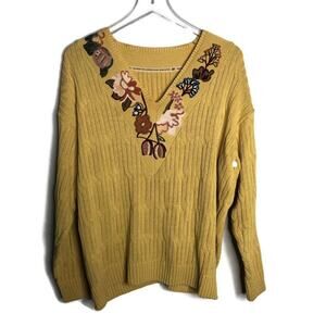 Mustard Knit Sweater with Floral Embroidery VTG L